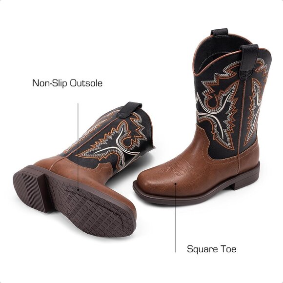 ⚡Girls Black Brown Cowboy Boots Toddler Mid Calf Western Square Toe Riding Boot - Picture 4 of 6